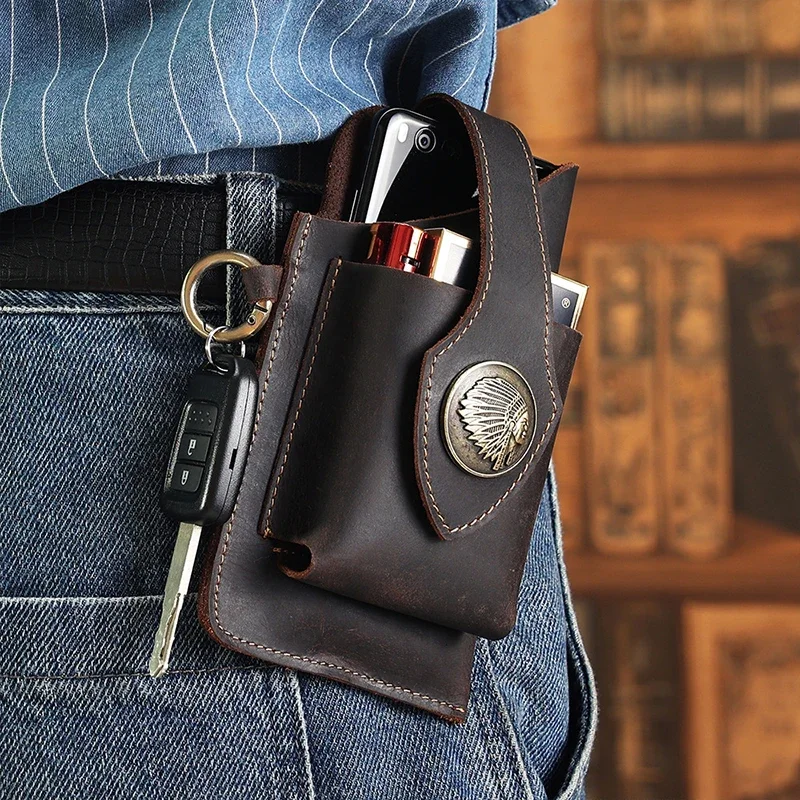 Women Electronic Accessories - Mens Genuine Leather Waist Bag Mobile